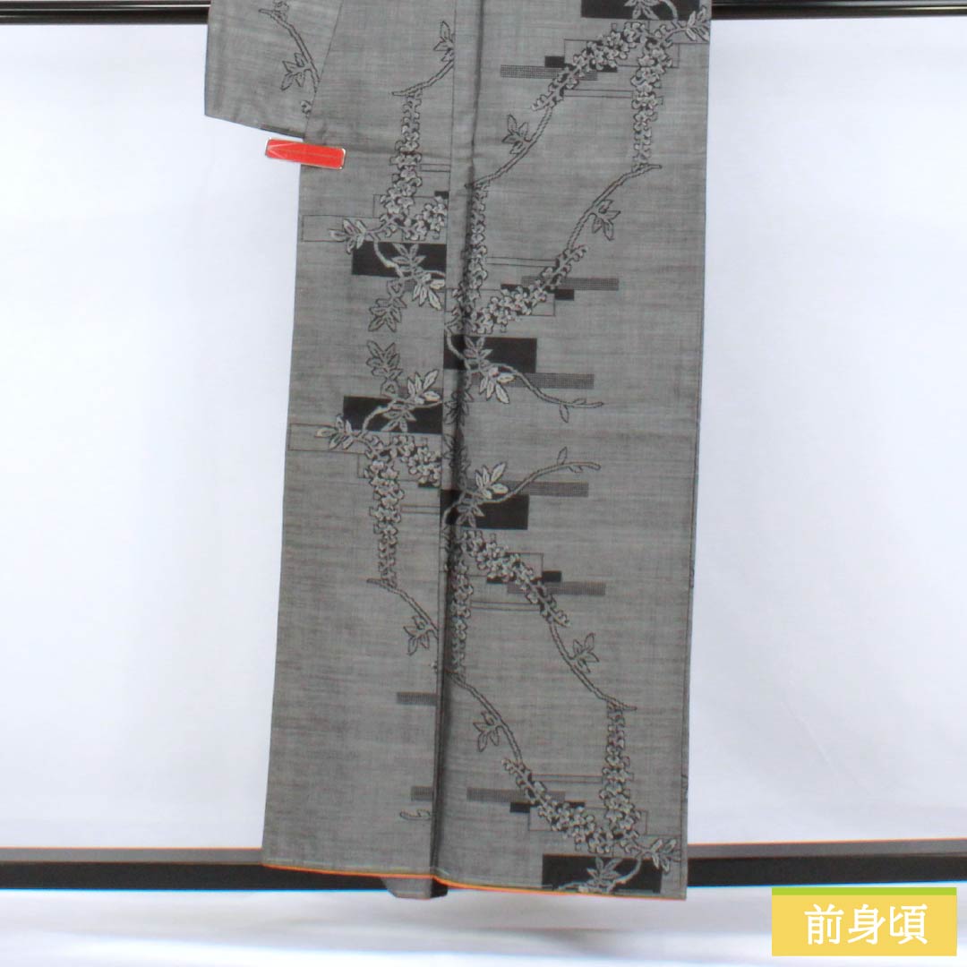 紬 正絹 Sランク 身丈155.5cm 裄丈62.5cm 灰色（はいいろ） 村山大島 草花 しつけ糸付き 袷 グレー系 1116004622322