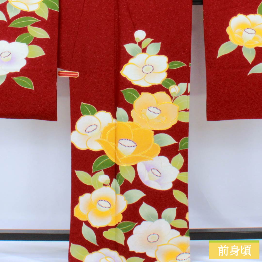 振袖 正絹 Sランク 身丈175.5cm 裄丈71.5cm 袷 紅赤色（べにあかいろ） 椿 さわやかガード加工 銀通し 赤系 1113002202812
