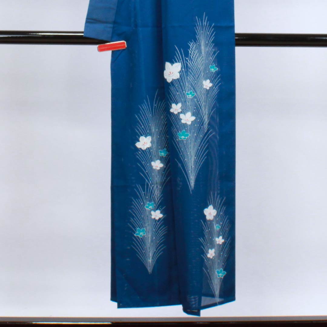 Summer polyester formal kimono, length 148.5cm, sleeve length 62.5cm, indigo blue, floral pattern, silk, S rank, navy blue, 1132000322118