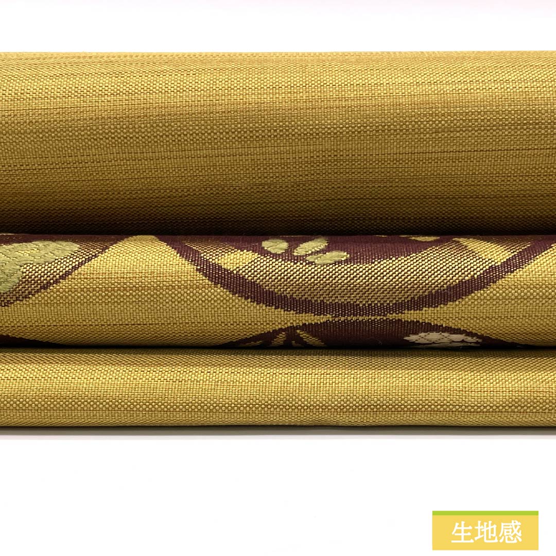 名古屋帯 黄土色（おうどいろ） 丸紋 松 帯丈371cm 正絹 Sランク ポイント柄 カジュアル 黄系 1124008002323 名古屋仕立て