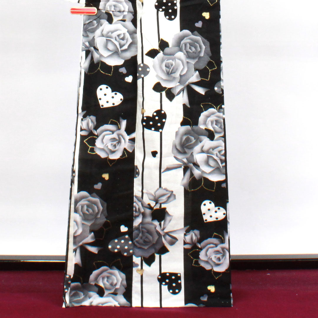浴衣 しつけ糸付き 未使用品 モノトーン 薔薇 ハート 木綿 Sランク 単衣 身丈165.5cm 裄丈66cm グラデーション系 1118002902599
