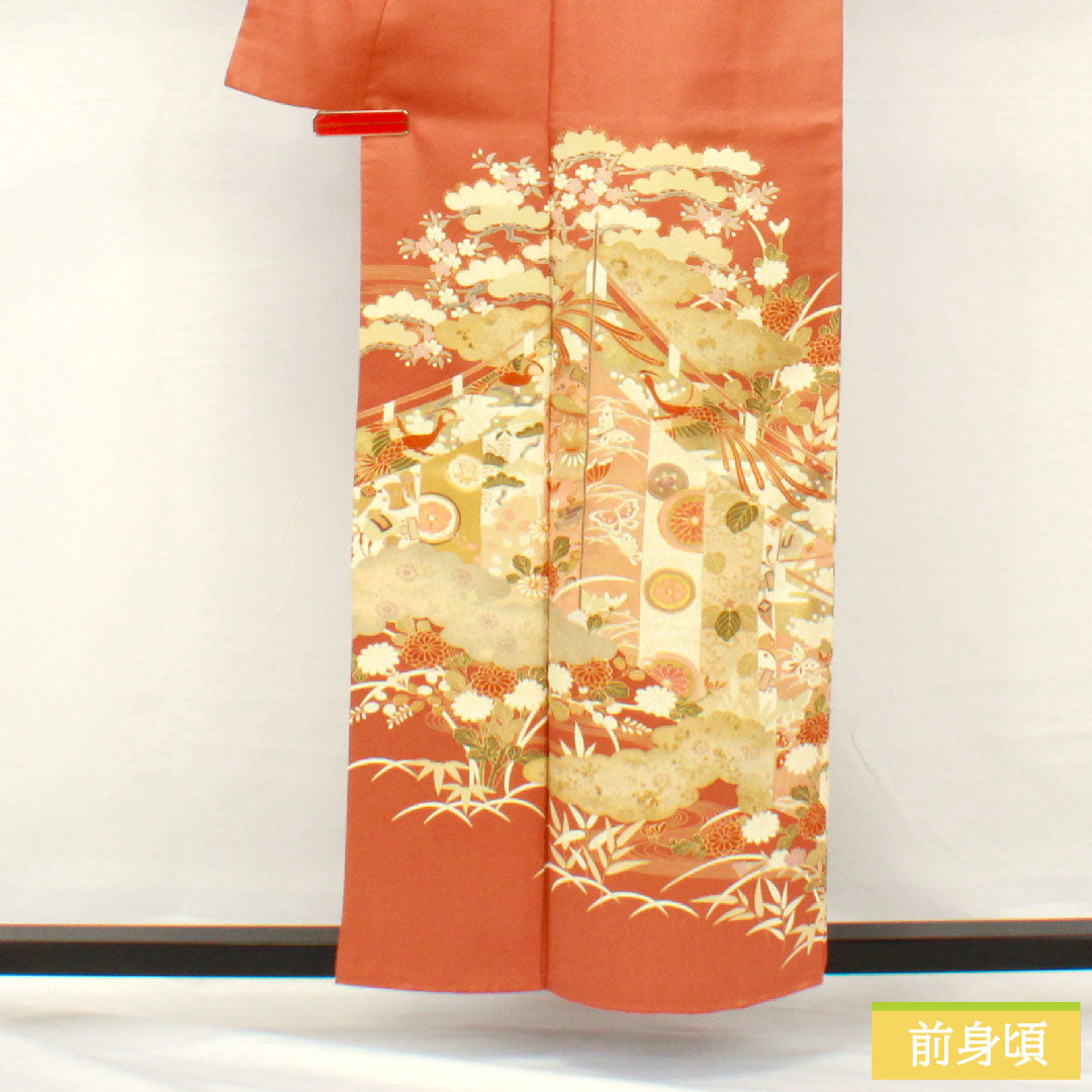 色留袖 正絹 身丈157cm 裄丈63cm 袷 珊瑚色（さんごいろ） 京友禅 桜 松竹梅 一つ紋 星梅鉢 重ね衿付き Aランク 橙系 1111001513326