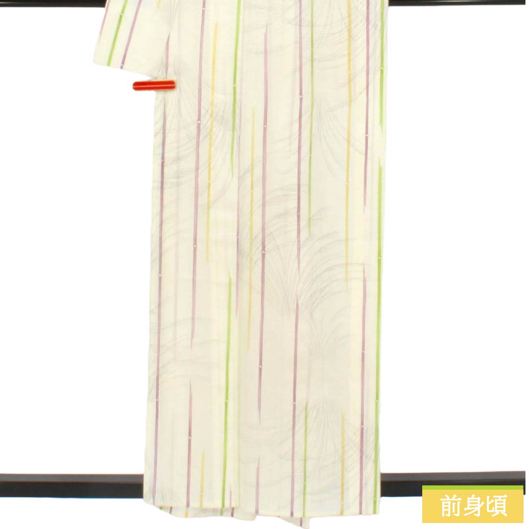 夏物 ポリエステル 小紋 Aランク 身丈158cm 裄丈64cm 乳白色（にゅうはくしょく） 洗える着物 竹 ススキ 絽 クリーム系 1132006083315