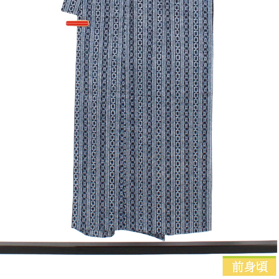 メンズ浴衣 木綿 Sランク 身丈149.5cm 裄丈72cm 濃紺色（のうこんいろ） 縞 鎖模様 単衣 紺系 1138000582418