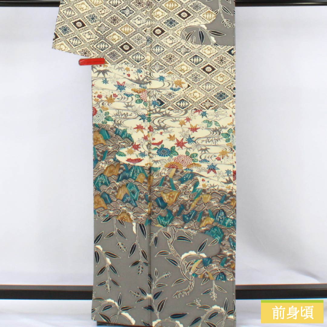 Visiting Kimono, Pure Silk, S Rank, Lined, Length 165.5cm, Sleeve Length 67.5cm, Kyoto Bingata Style, Bingata Style, Auspicious Motifs, Gray, Product Number: 1112006742522