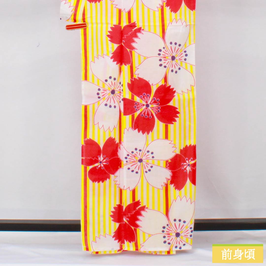 Cotton Yukata, Length 163cm, Sleeve Length 64cm, Rank A, Single Layer, Yellow, Pink, 1118006113423