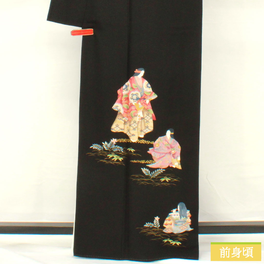 Black formal kimono, pure silk, length 164cm, sleeve length 69cm, lined, by artist, Kyoto yuzen, period figure, five crests, five-three paulownia, A rank, black, 1111001463410