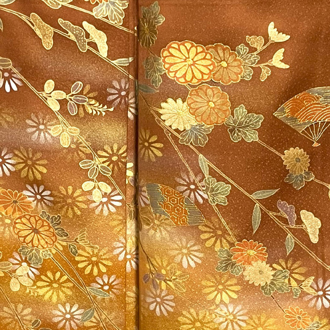 訪問着 袷 身丈161cm 裄丈63cm 唐茶色 金彩加工 菊 正絹 Sランク 茶系 1112001532414