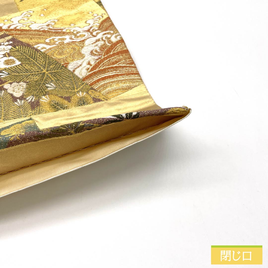 袋帯 正絹 留袖用 松竹梅 桔梗 藤の花 波 帯丈444cm Bランク 六通 フォーマル 金系 1123014124321
