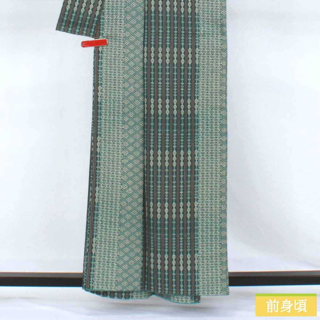 小紋 ポリエステル Sランク 身丈158cm 裄丈65.5cm 袷 胆礬色（たんばいろ） 型染 抽象模様 背抜き仕立て 洗える着物 緑系 1115007932319