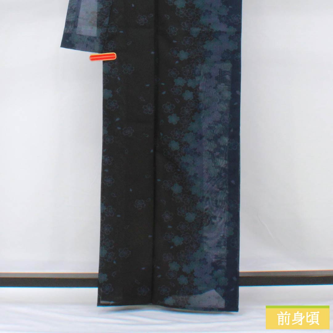 Summer kimono, polyester, small pattern, length 163.5cm, sleeve length 65cm, cherry blossom, washable kimono, gauze, S rank, black, 1132001942410