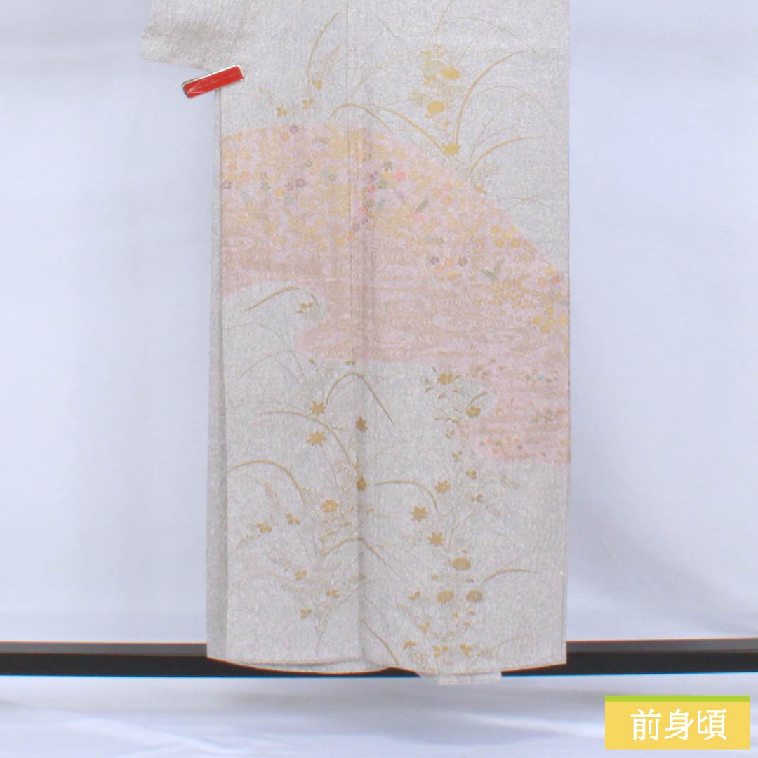 Formal Kimono, Pure Silk, S Rank, Lined, Length 153cm, Sleeve-to-Sleeve 64cm, Komachi-nezuiro (Misty Grey), Kyo-Yuzen, Tornado Shibori, Tataki Dyeing, Suzhou Embroidery, Botanical, Grey Tones, 1112007722222