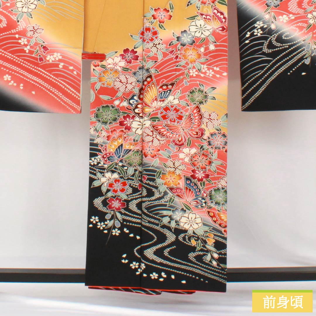 Formal Silk Kimono (Furisode) S-rank, Length 157cm, Sleeve-to-sleeve 62cm, Lined, Wheat color, Kyo Yuzen Dyeing, Auspicious patterns, Butterflies, Flowers, Flowing water, Orange tones, 1113002882326