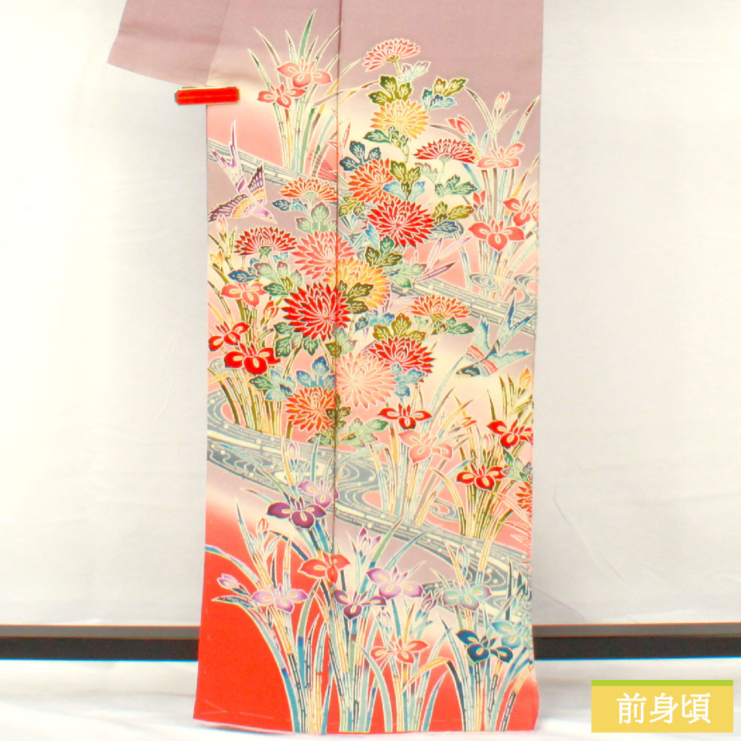 Homongi, pure silk, lined, length 164cm, sleeve length 63cm, grape color (shrimp color), Kyoto Bingata, floral pattern, A rank, purple, 1112005263420