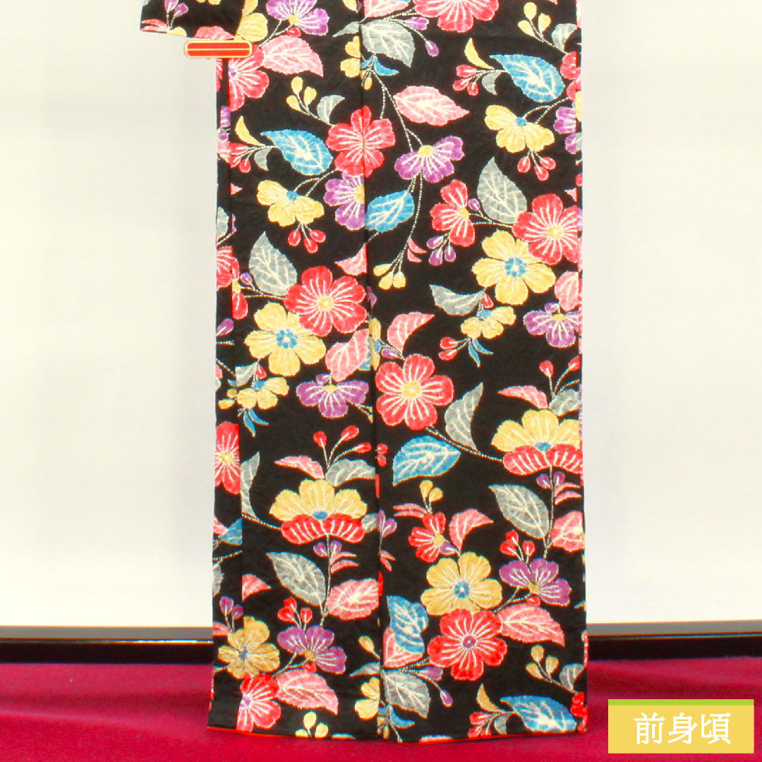 Komon, pure silk, length 165.5cm, sleeve length 67cm, lined, tie-dye, floral pattern, S rank, black, 1115004472510