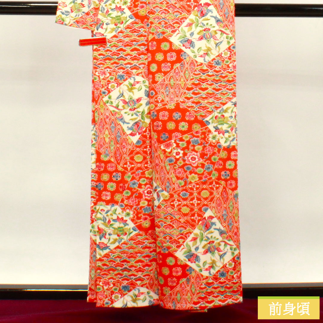 小紋 正絹 身丈157.5cm 裄丈64.5cm 単衣  緋色 型染 吉祥文様  Sランク 朱系 1115003832316