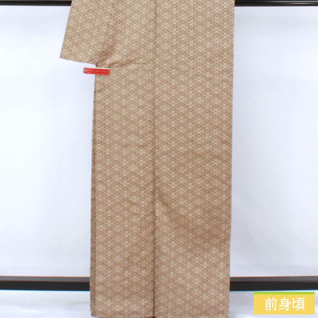 紬 正絹 Sランク 身丈165.5cm 裄丈65.5cm 香色（こういろ） お召 一つ紋 源氏香 袷 ベージュ系 1116004432525