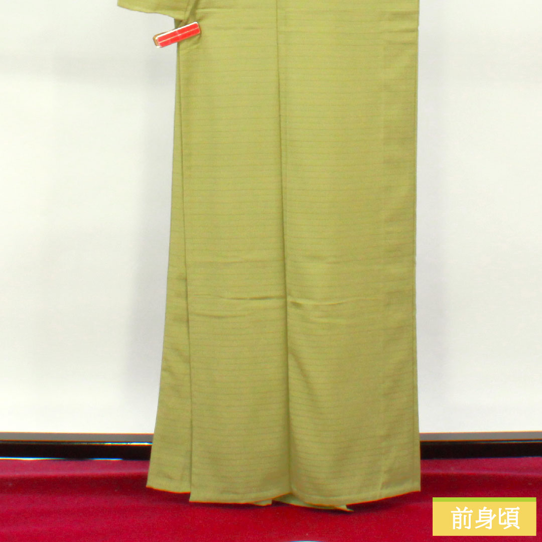 色無地 ポリエステル 身丈164cm 裄丈68cm 柳茶色（やなぎちゃいろ） 洗える着物 一つ紋 絽 Sランク 緑系 1114001312419