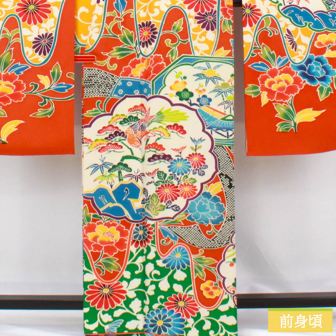 振袖 正絹 Aランク 身丈164cm 裄丈68cm 袷 銀朱色（ぎんしゅいろ） 京紅型 吉祥文様 松竹梅 橙系 1113002263426