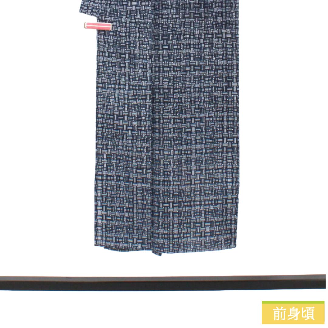 メンズ浴衣 木綿 Aランク 身丈144.5cm 裄丈66cm 濃紺色（のうこんいろ） 網代模様 単衣 紺系 1138000853418