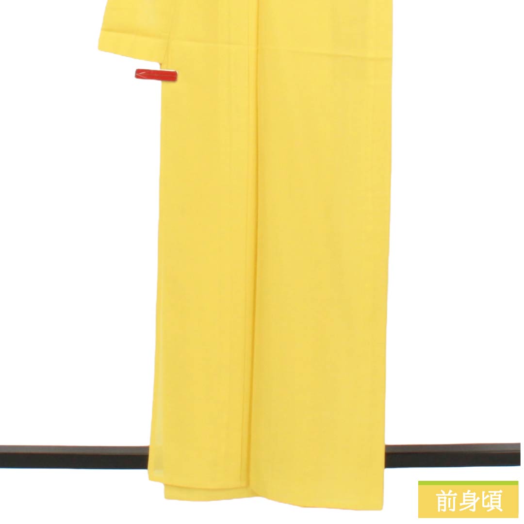 夏物 ポリエステル 色無地 Sランク 身丈162.5cm 裄丈65cm 苅安色（かりやすいろ） 洗える着物 素無地 居敷当て付き 絽 黄系 1132004202423