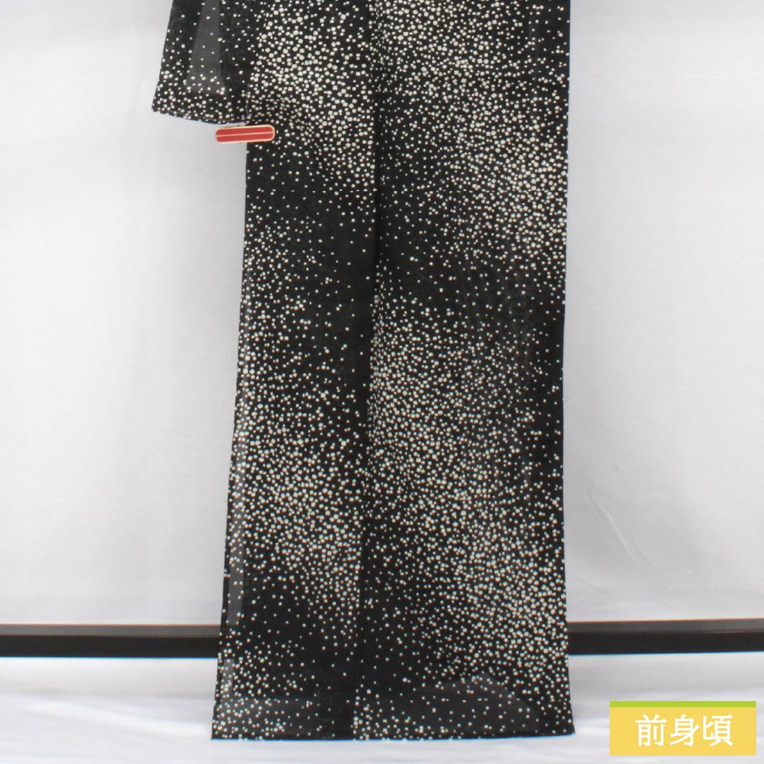 D264夏着物　藤花房　藤の花　紗　小紋　黒地　ポリエステル　洗える着物　極美品 D264夏着物 藤花房 藤の花 紗 小紋 黒地 ポリエステル 洗える