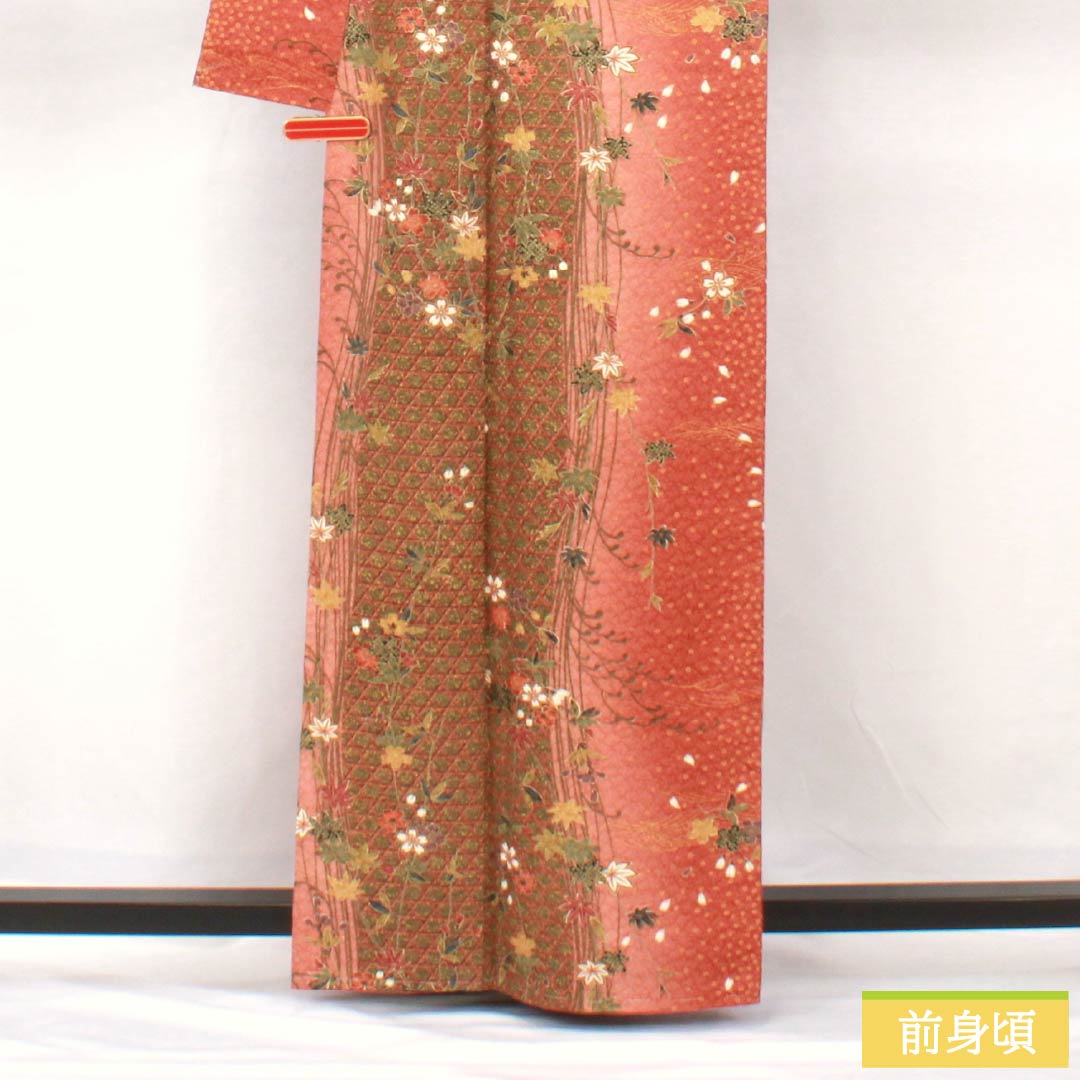 小紋 正絹 身丈163cm 裄丈64cm 袷 赤蘇芳色（あかすおういろ） 籠目 花 しつけ糸付き Sランク 朱系 1115005692416