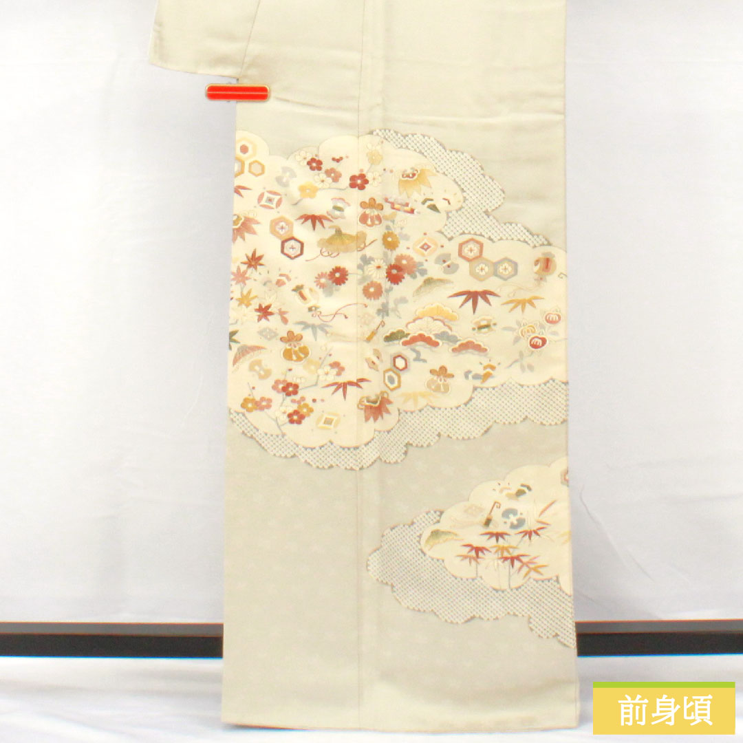 色留袖 正絹 身丈165.5cm 裄丈68cm 袷 卯の花色（うのはないろ） 京友禅 宝尽くし 松竹梅 橘 三つ紋 剣花菱 Aランク グレー系 1111001593522