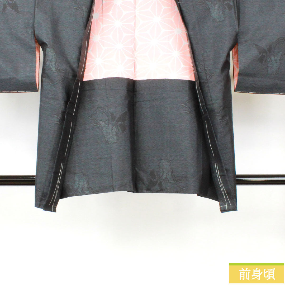 Haori, pure silk, length 84cm, sleeve length 66.5cm, Oshima Tsumugi, weft kasuri, abstract pattern, with basting thread, S rank, lined, navy blue, 1117001192918