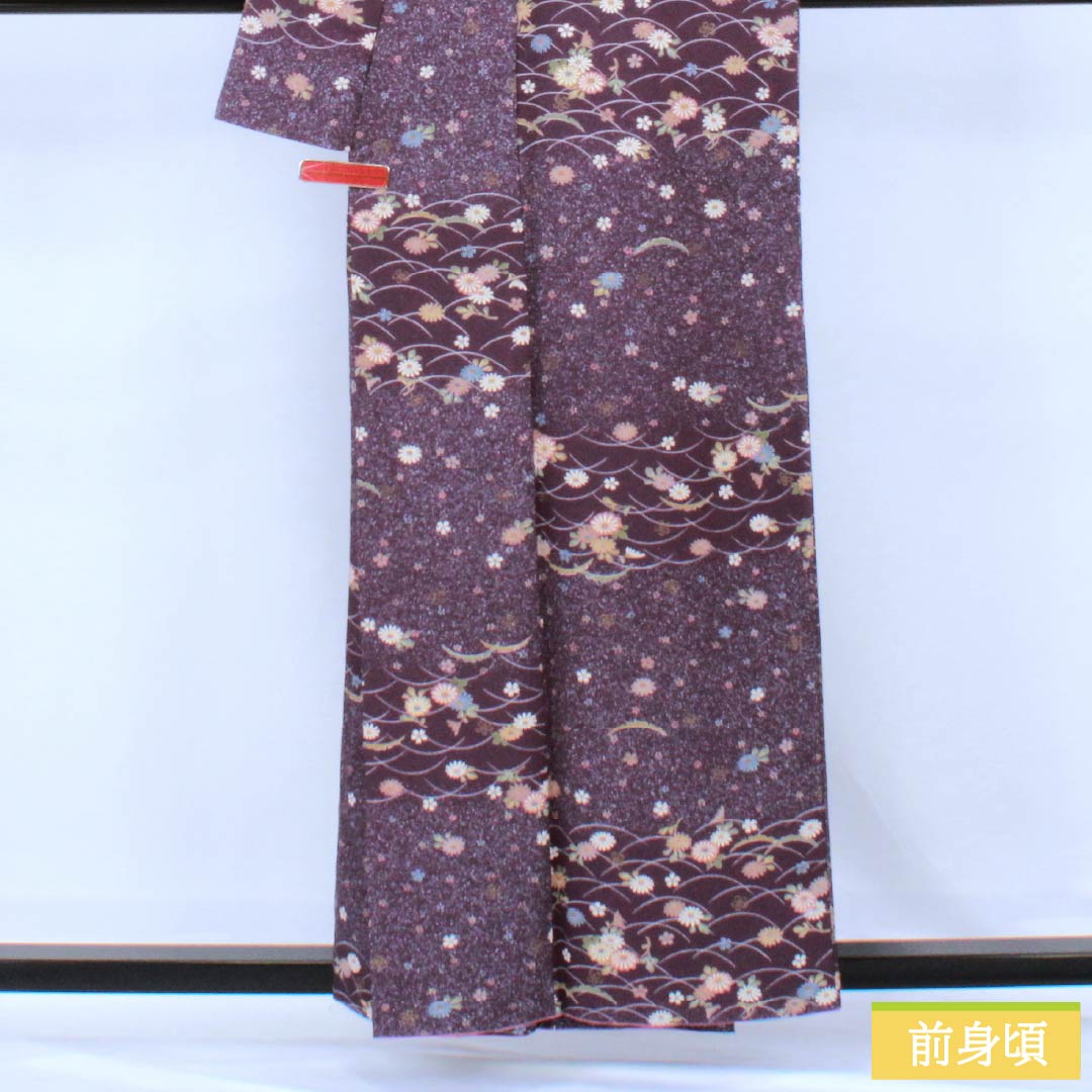 小紋 ポリエステル Aランク 身丈158cm 裄丈64.5cm 袷 深紫色（ふかきむらさきいろ） 小花 露芝 洗える着物 紫系 1115006973320