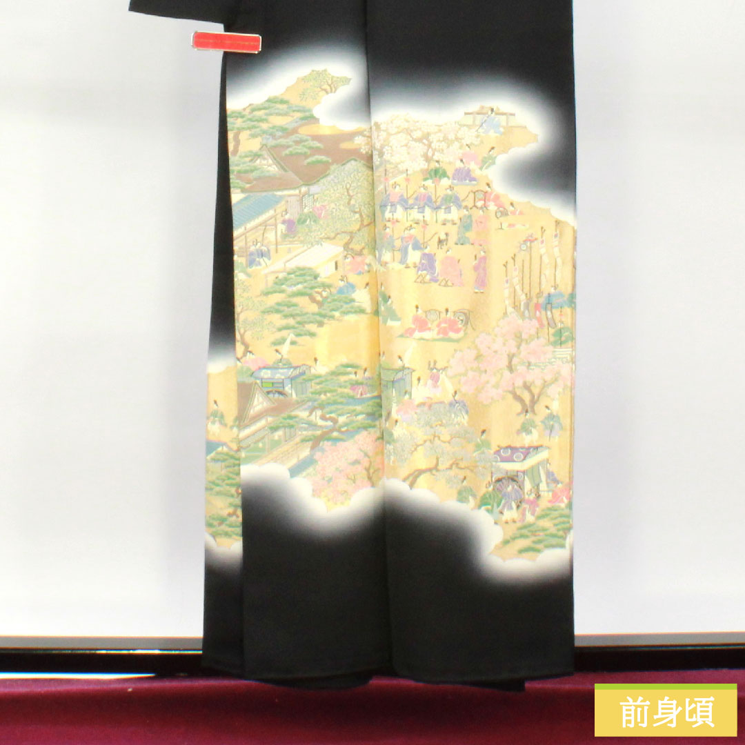 Black formal kimono, pure silk, length 156.5cm, sleeve length 63cm, lined, Kotobuki weave, historical figures and landscapes, new repelling processing, five crests, different hawk feathers, S rank, black, 1111001332310
