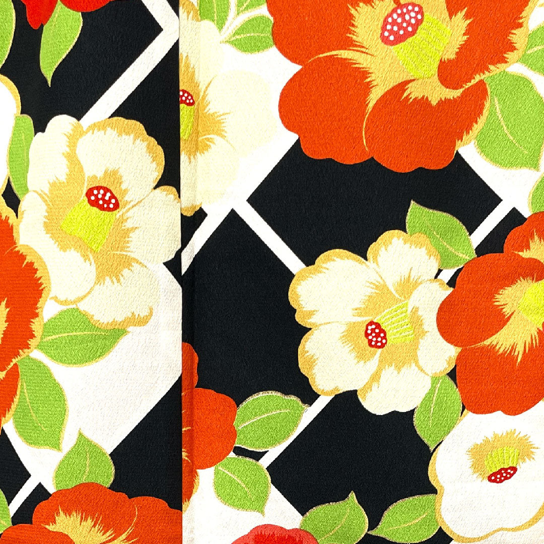 振袖 身丈168cm 裄丈68cm 袷  モノトーン 洗える着物 椿  ポリ Sランク 黒系 1113001392510