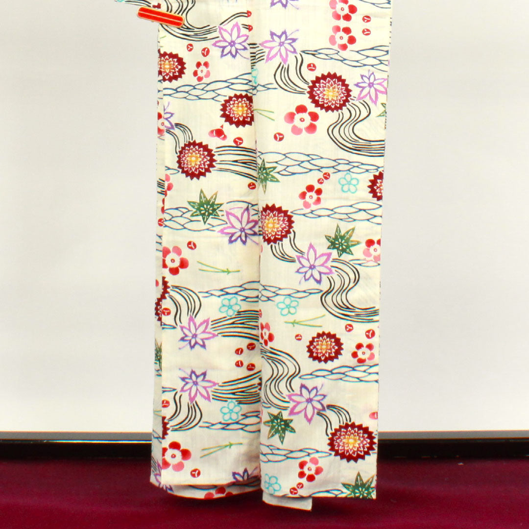 浴衣 しつけ糸付き 未使用品 乳白色 型染 綿麻 Sランク 単衣 身丈162cm 裄丈67cm クリーム系 1118002012415