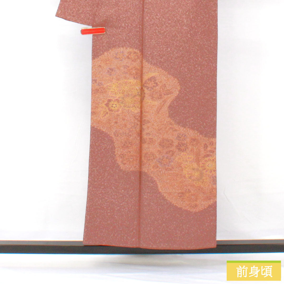 訪問着 正絹 袷 身丈153cm 裄丈63cm 小豆鼠色（あずきねずいろ） 草花模様 部分刺繡 Sランク 茶系 1112005752214