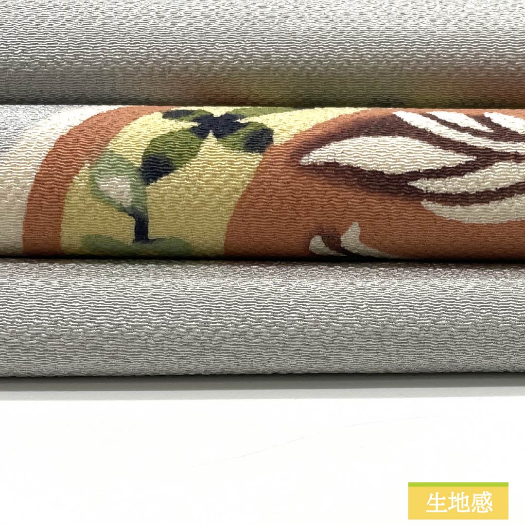 名古屋帯 薄鼠色（うすねずいろ） ちりめん地 丸に花模様 染め帯 帯丈358cm 正絹 Aランク ポイント柄 セミフォーマル グレー系 1124007163322 名古屋仕立て