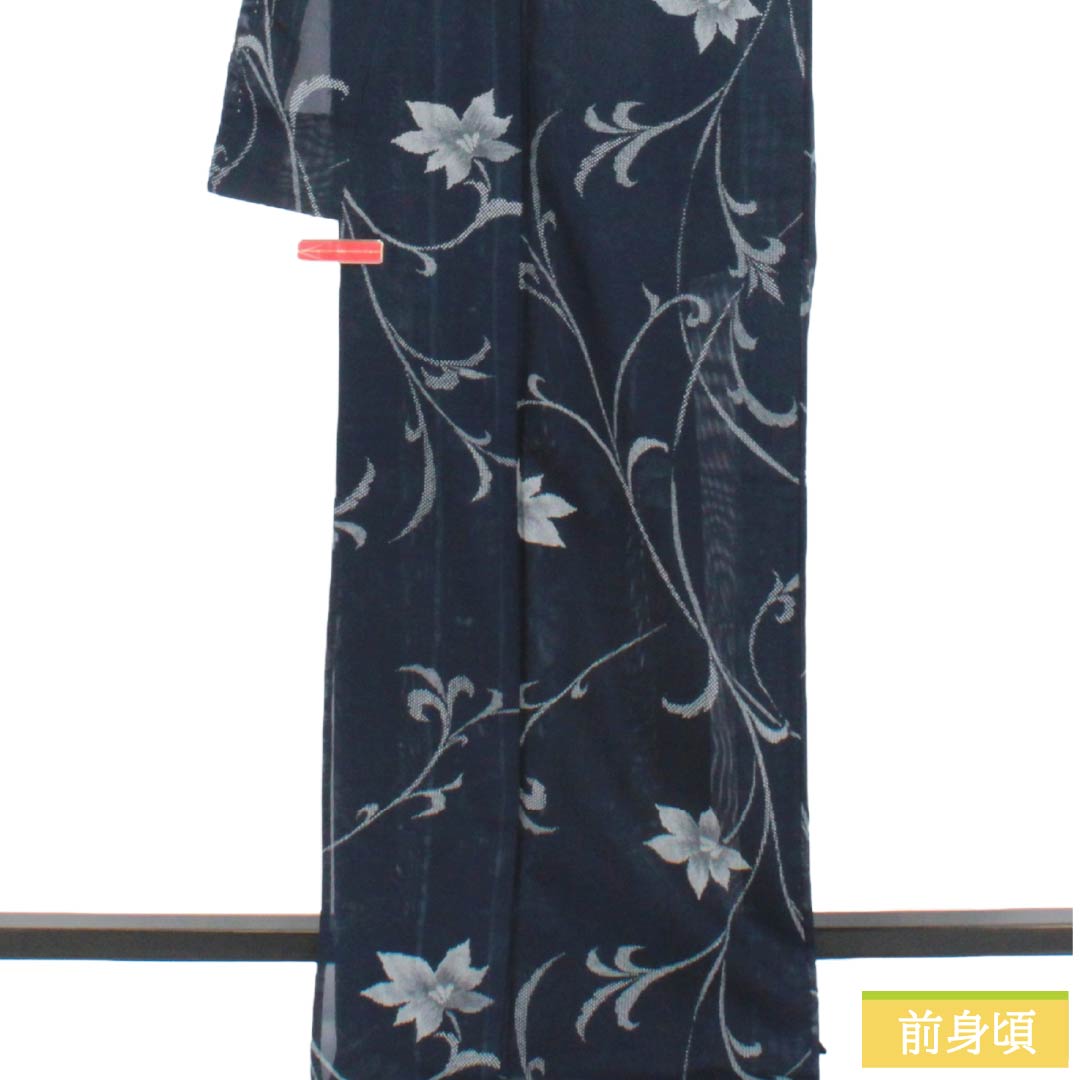 夏物 ポリエステル 小紋 Sランク 身丈171cm 裄丈66cm 濃紺色（のうこんいろ） 草花模様 絽 紺系 1132004762618