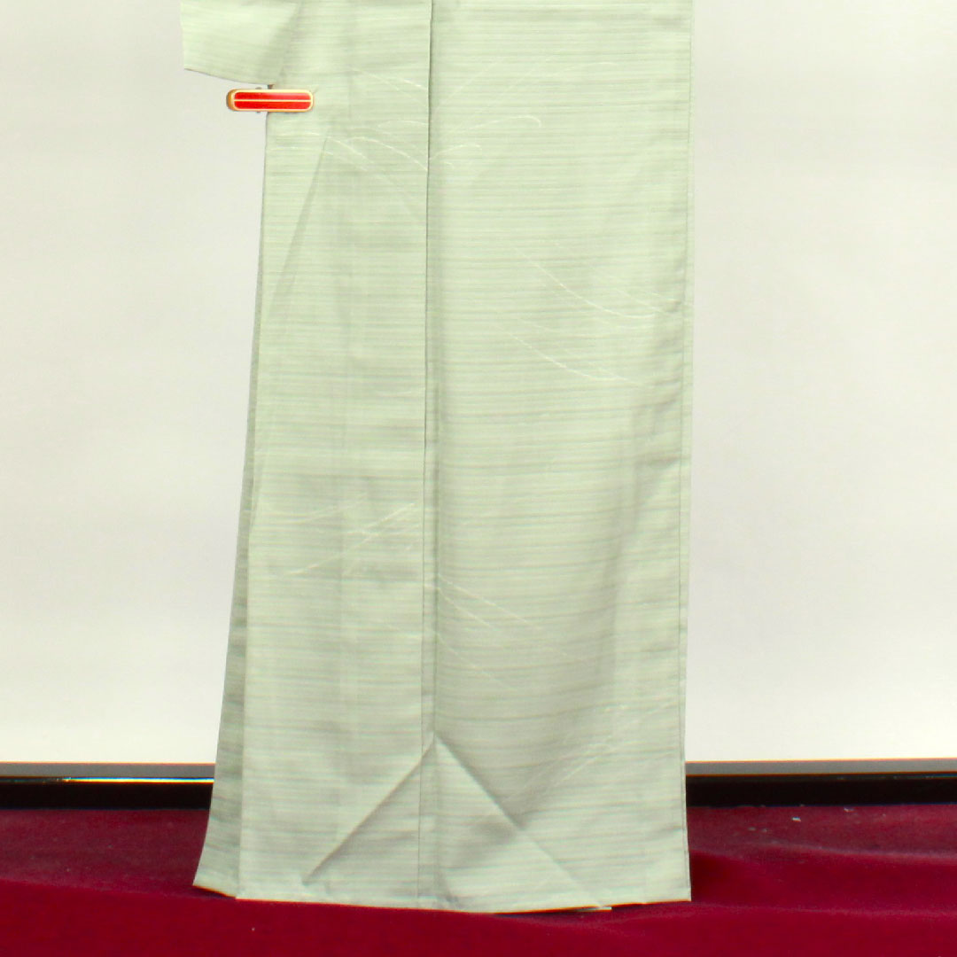 夏物 ポリエステル 小紋 身丈166cm 裄丈63.5cm 秘色色（ひそくいろ） 抽象模様 洗える着物  絽 Sランク 緑系 1132000882519