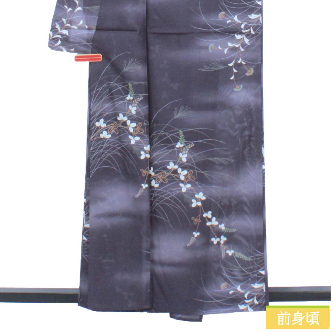 夏物 ポリエステル 小紋 Aランク 身丈159.5cm 裄丈65cm 深滅紫色（ふかきけしむらさきいろ） 洗える着物 秋草模様 絽 紫系 1132005573320