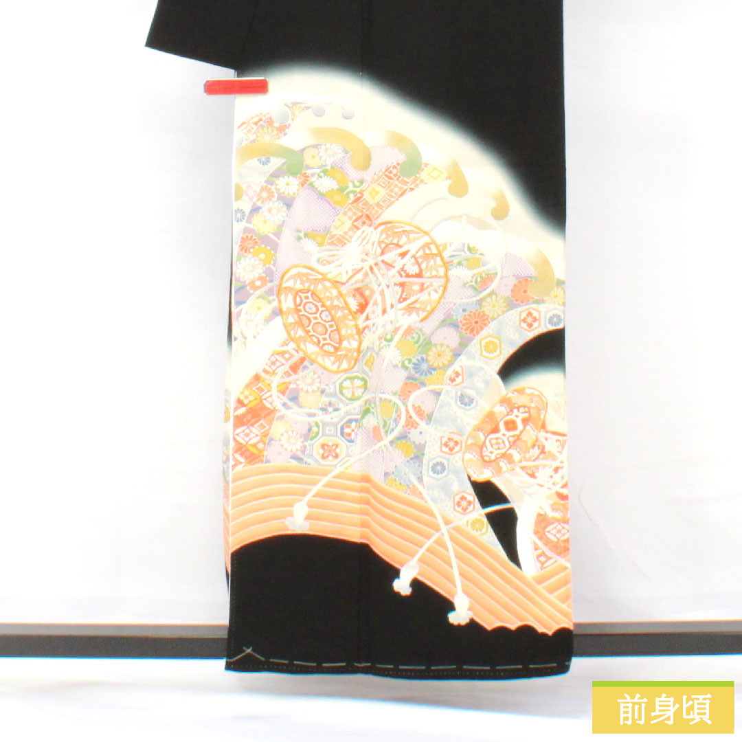 Black formal kimono, pure silk, length 157cm, sleeve length 62cm, lined, Kyoto yuzen, auspicious motif, five crests, circle with different arrow feathers, A rank, black, 1111001763310