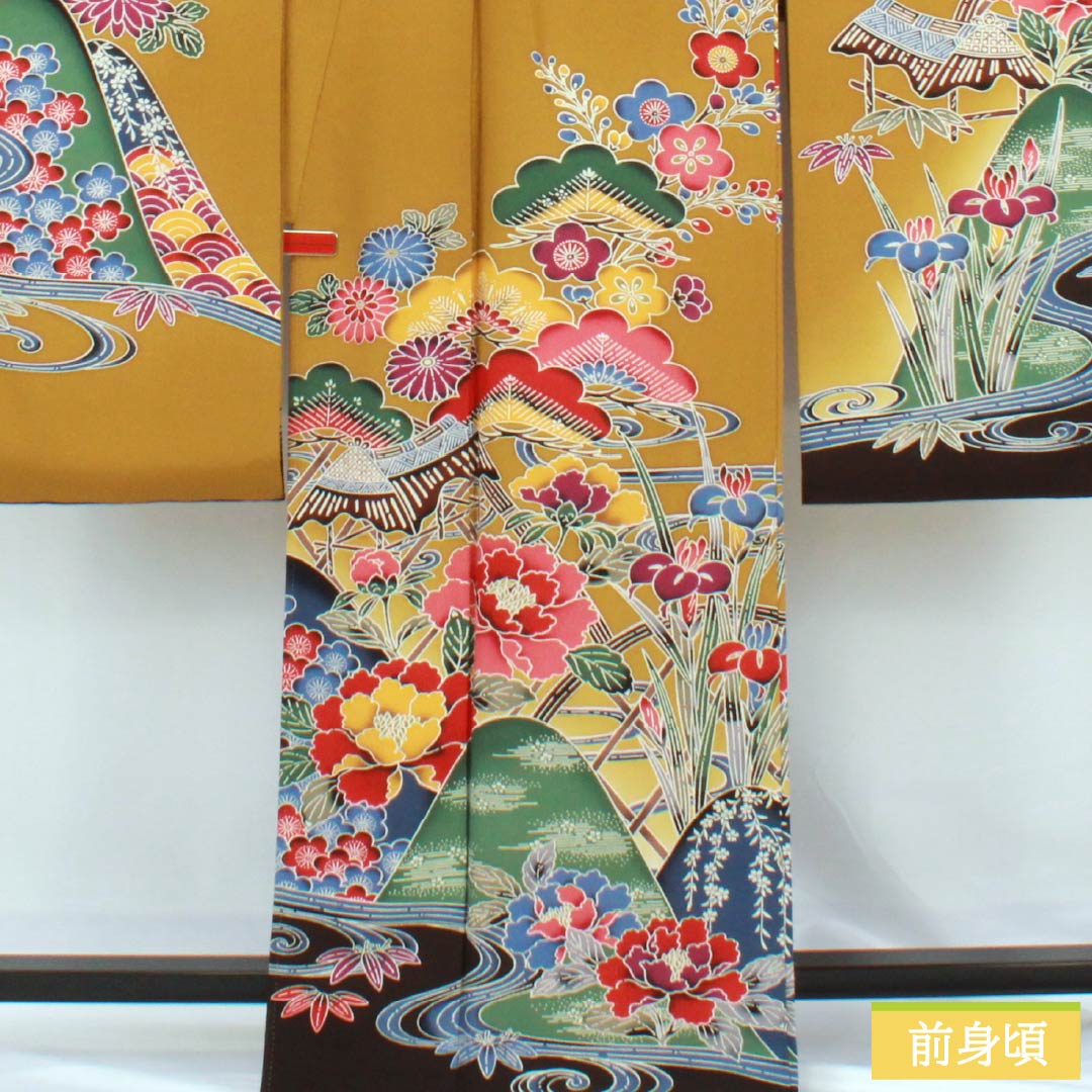 振袖 正絹 Sランク 身丈166cm 裄丈67cm 袷 木蘭色（もくらんじき） 京紅型 吉祥文様 松 菖蒲 橙系 1113002302526