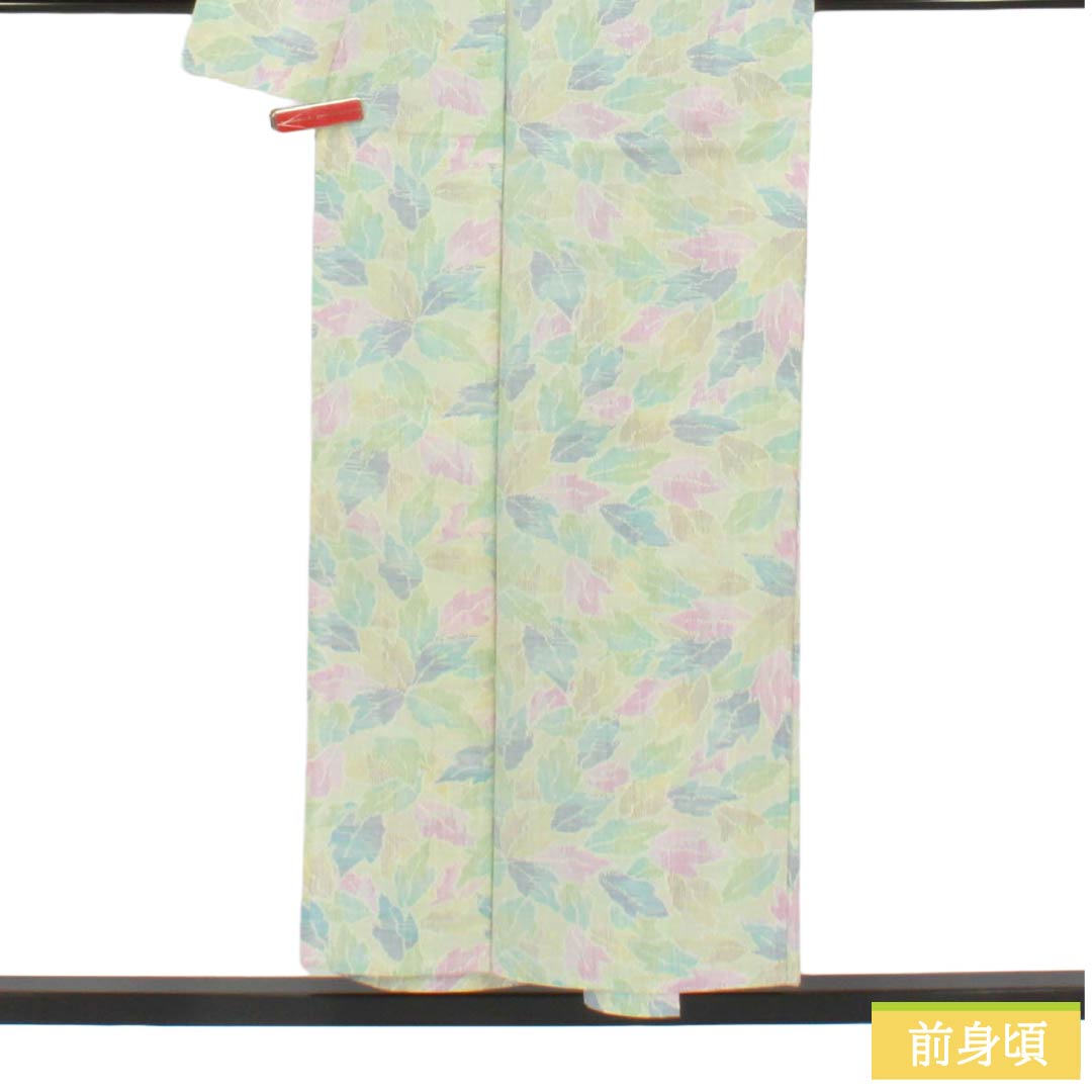 夏物 ポリ70%・毛30% 小紋 Sランク 身丈151.5cm 裄丈64cm 薄緑色（うすみどりいろ） 草葉模様 紗 緑系 1132007142219