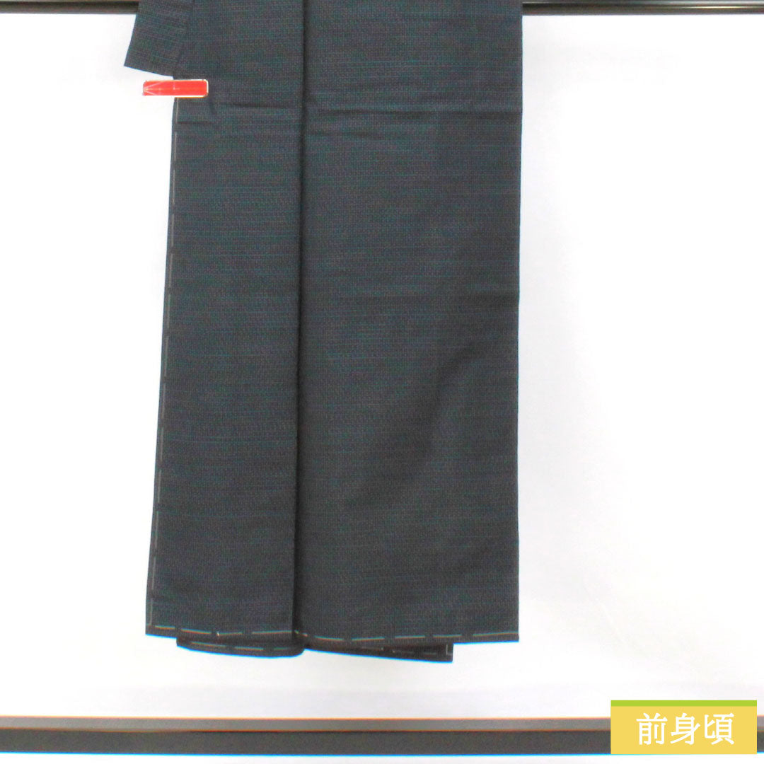 Men's silk S-rank kimono, length 144cm, sleeve length 67cm, Oshima Tsumugi with double-patterned horizontal kasuri pattern, basting threads included, lined, navy blue, product number 1119001762418