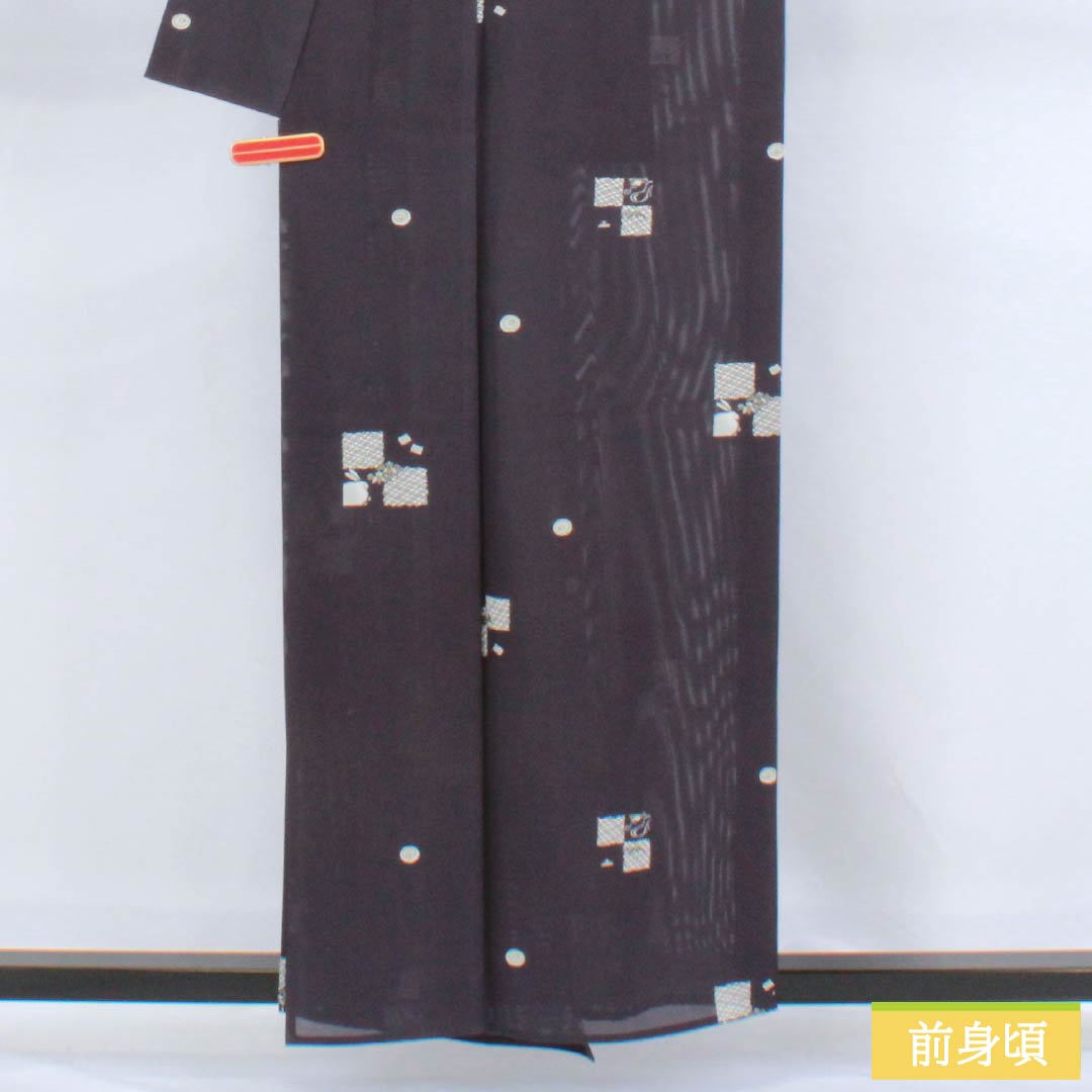 夏物 正絹 小紋 身丈158cm 裄丈67cm 褐色（かちいろ） 型染 飛び市松 古典柄 絽 Sランク 紫系 1132002802320