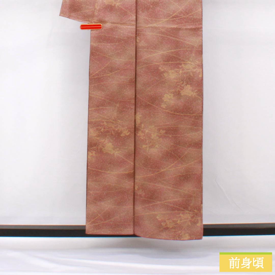 小紋 正絹 身丈157.5cm 裄丈62.5cm 袷 栗梅色（くりうめいろ） 水柿色（みずがきいろ） 型染 露芝 草花 Sランク グラデーション系 1115005392399