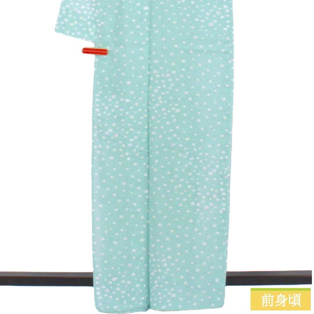 夏物 ポリエステル 小紋 Aランク 身丈162.5cm 裄丈64.5cm 瓶覗色（かめのぞきいろ） 水玉 洗える着物 絽 水色系 1132005163424