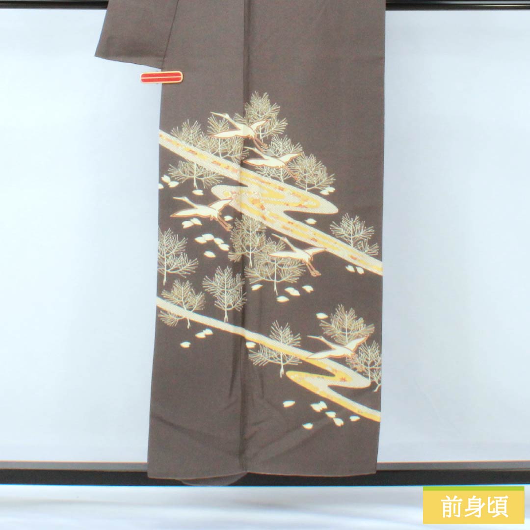 訪問着 正絹 Aランク 袷 身丈152cm 裄丈63.5cm 消炭色（けしずみいろ） 京友禅 一つ紋 陰上り藤 流水 鶴 グレー系 1112007203222
