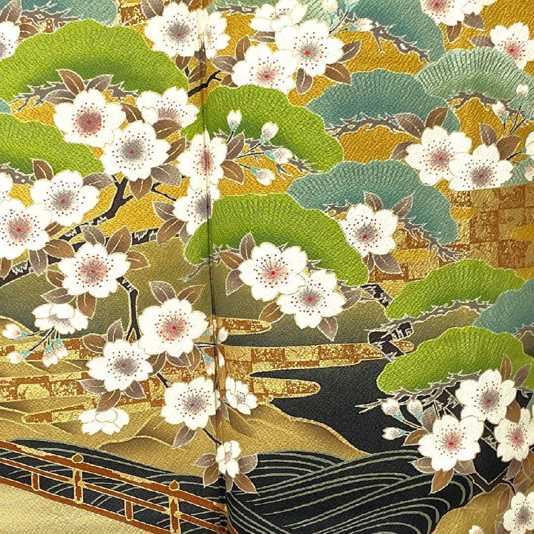 訪問着 袷 身丈158.5cm 裄丈61.5cm 小麦色 京友禅 桜 正絹 Sランク 黄系 1112002212323