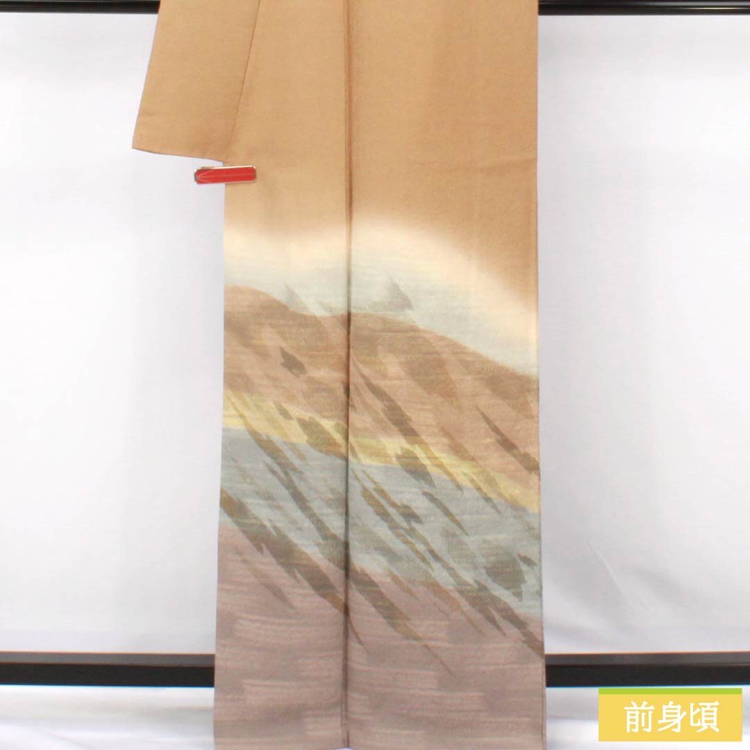 訪問着 正絹 Aランク 袷 身丈164.5cm 裄丈63cm 淡朽葉色（うすくちばいろ） 抽象模様 ベージュ系 1112007463425