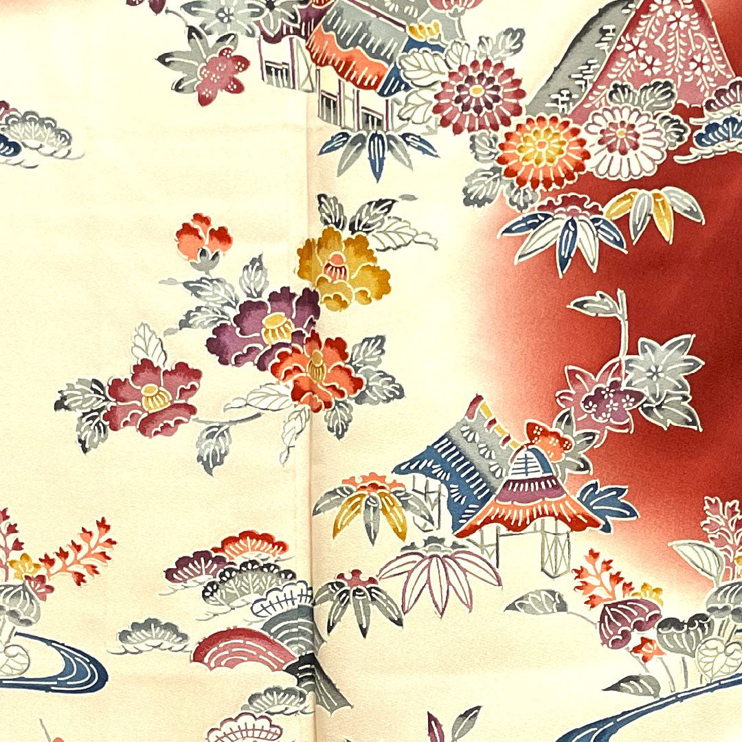 振袖 身丈161.5cm 裄丈64cm 袷  葡萄茶色 薄桜色 型染 茶屋辻 松竹梅  正絹 Aランク 赤系 1113000913412