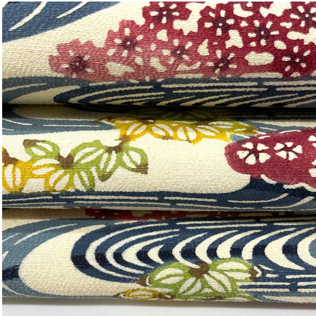 名古屋帯 生成り色 京紅型 観世流水 花模様 帯丈338cm 正絹 Bランク 六通 カジュアル 白系 1124003734311  名古屋仕立て